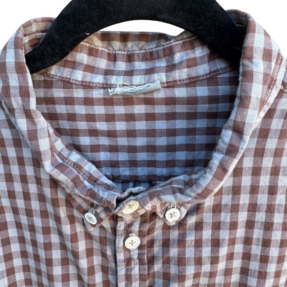Vintage Brown Blue Gingham Long Sleeve 1/2 Button-Up Madras Cotton Tunic Shirt - Picture 5 of 8